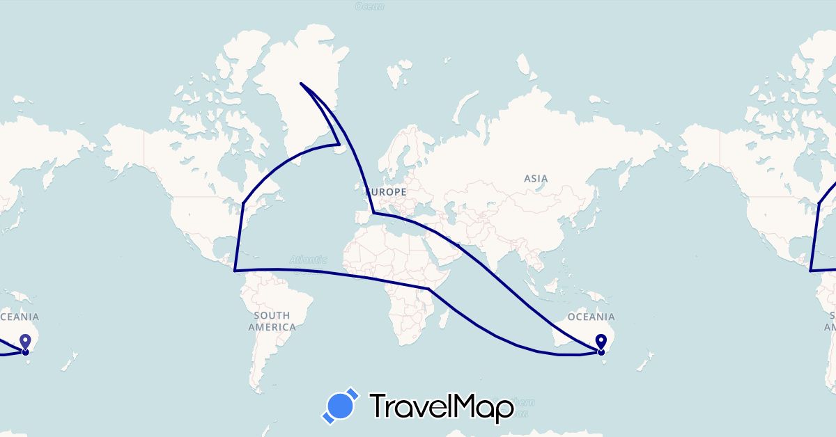 TravelMap itinerary: driving in United Arab Emirates, Australia, Canada, Costa Rica, Spain, Greenland, Iceland, Kenya (Africa, Asia, Europe, North America, Oceania)